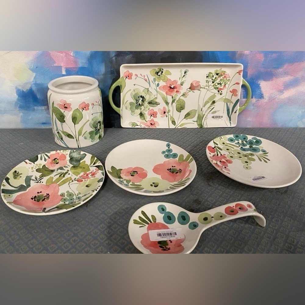 New WMC Inner Garden ceramic 6 sandwich plates, spoon rest, tray, utensil jar.
